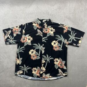 Paradise Blue XL Mens Silk Blend Hawaiian Shirt Black Floral Vintage Plane Print